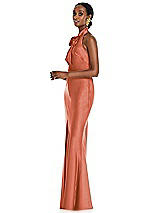Side View Thumbnail - Terracotta Copper Scarf Tie Stand Collar Maxi Dress with Front Slit