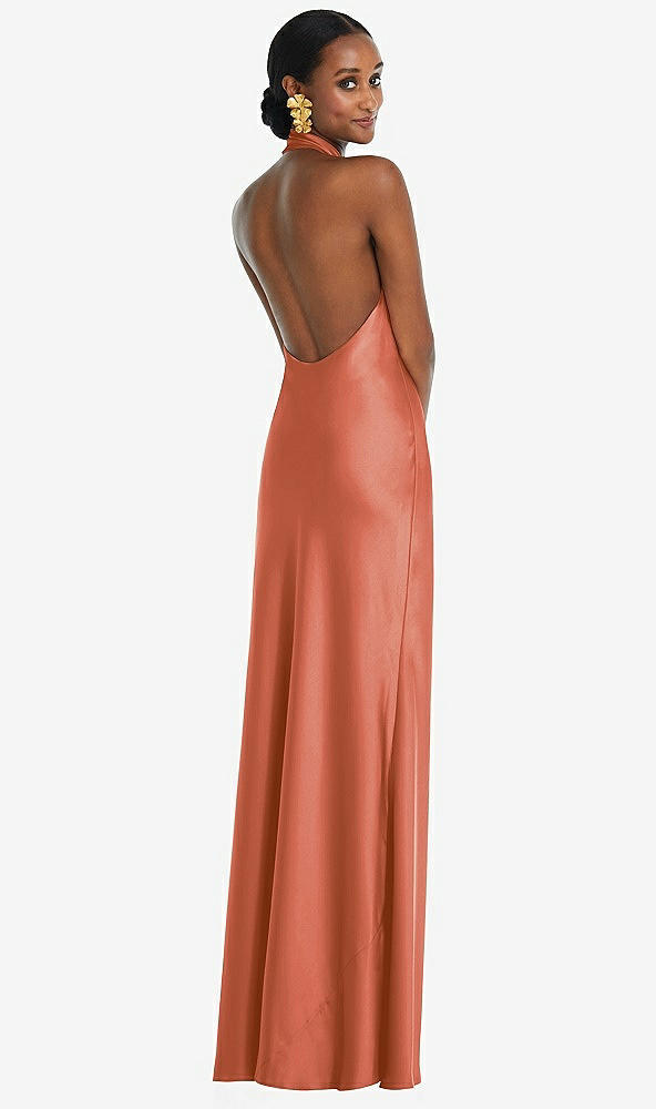 Back View - Terracotta Copper Scarf Tie Stand Collar Maxi Dress with Front Slit