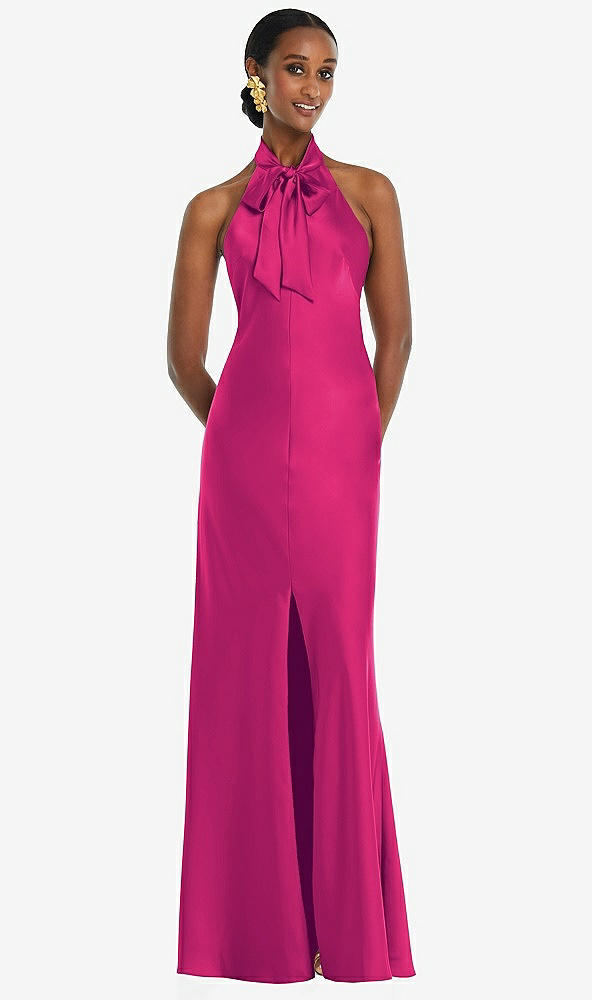 Front View - Think Pink Scarf Tie Stand Collar Maxi Dress with Front Slit