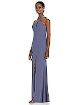 Side View Thumbnail - French Blue Criss Cross Halter Princess Line Trumpet Gown