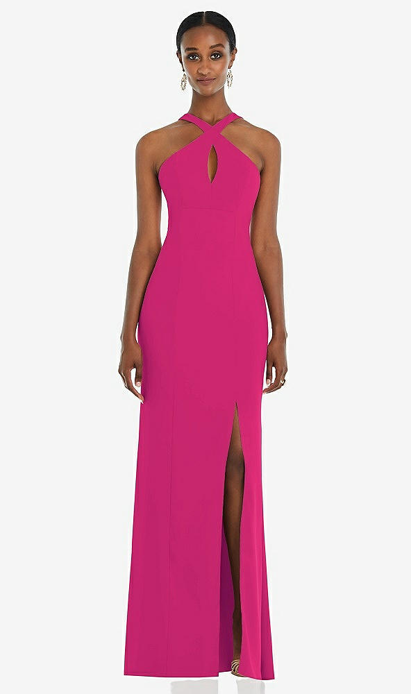 Front View - Think Pink Criss Cross Halter Princess Line Trumpet Gown