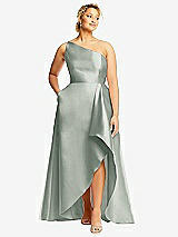 Front View Thumbnail - Willow Green One-Shoulder Satin Gown with Draped Front Slit and Pockets