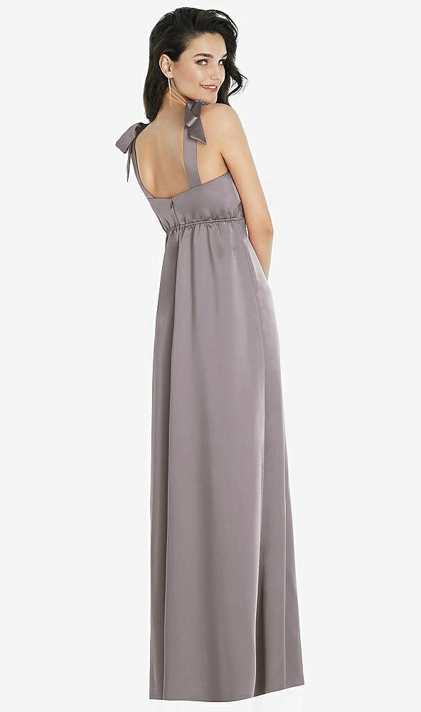 Back View - Cashmere Gray Flat Tie-Shoulder Empire Waist Maxi Dress with Front Slit