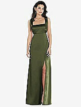 Front View Thumbnail - Olive Green Flat Tie-Shoulder Empire Waist Maxi Dress with Front Slit