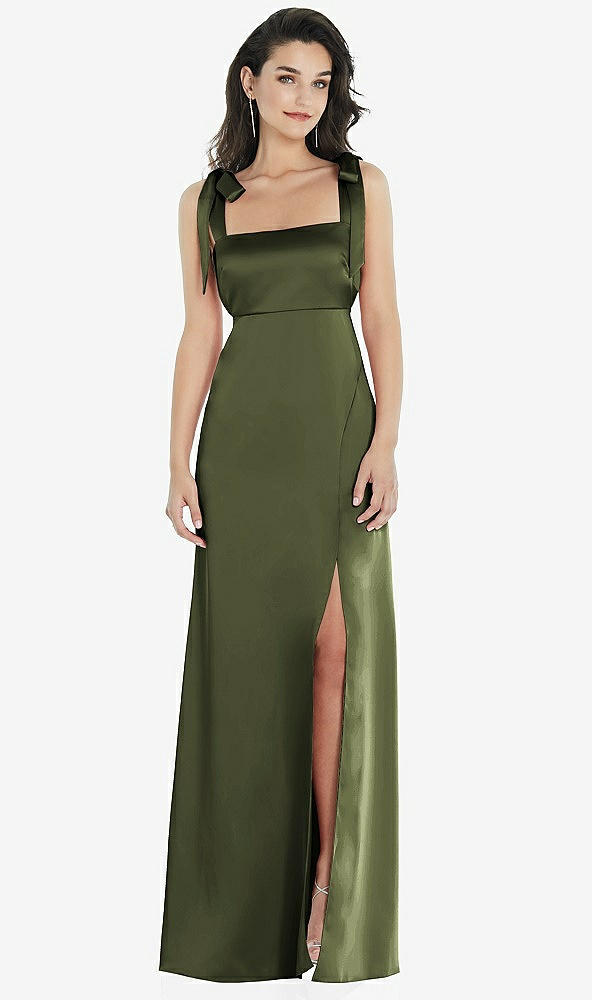 Front View - Olive Green Flat Tie-Shoulder Empire Waist Maxi Dress with Front Slit