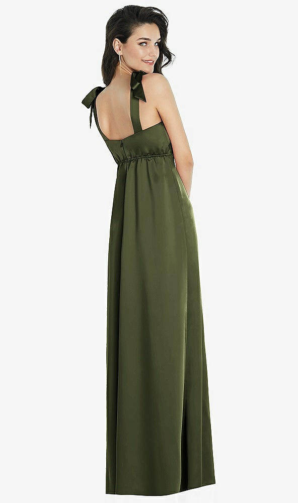 Back View - Olive Green Flat Tie-Shoulder Empire Waist Maxi Dress with Front Slit