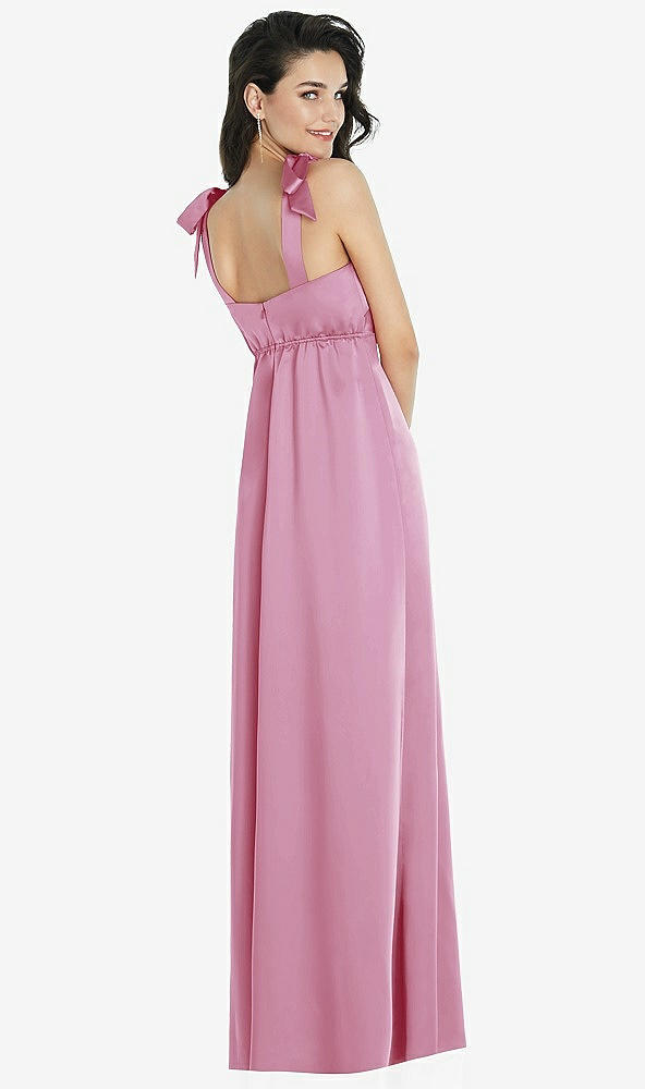 Back View - Powder Pink Flat Tie-Shoulder Empire Waist Maxi Dress with Front Slit