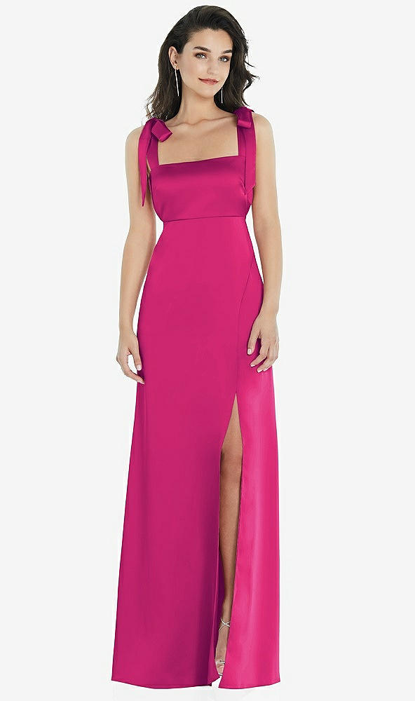 Front View - Think Pink Flat Tie-Shoulder Empire Waist Maxi Dress with Front Slit