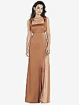 Front View Thumbnail - Toffee Flat Tie-Shoulder Empire Waist Maxi Dress with Front Slit