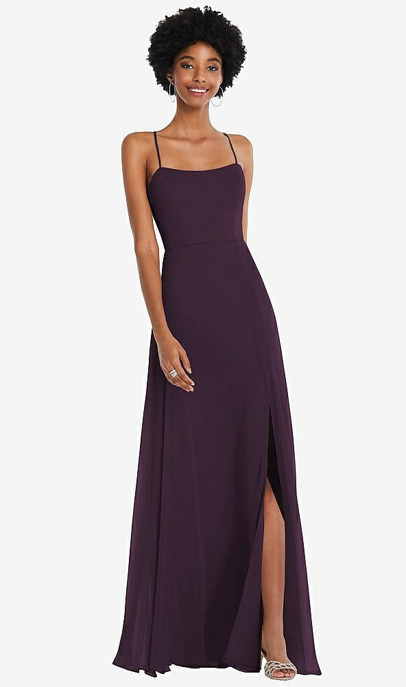 Front View - Aubergine Scoop Neck Convertible Tie-Strap Maxi Dress with Front Slit