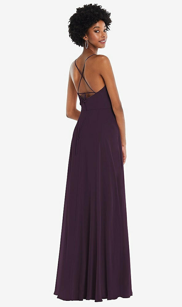 Back View - Aubergine Scoop Neck Convertible Tie-Strap Maxi Dress with Front Slit