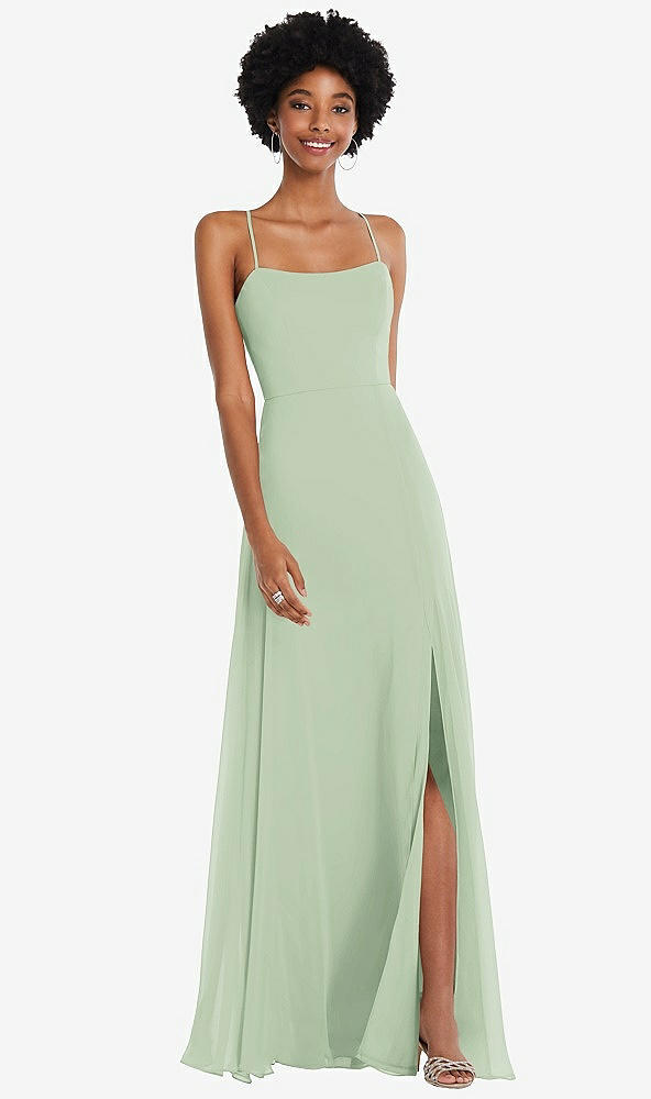 Front View - Celadon Scoop Neck Convertible Tie-Strap Maxi Dress with Front Slit