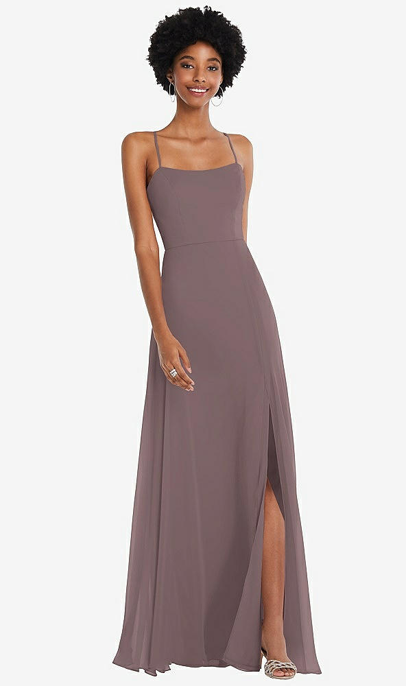 Front View - French Truffle Scoop Neck Convertible Tie-Strap Maxi Dress with Front Slit