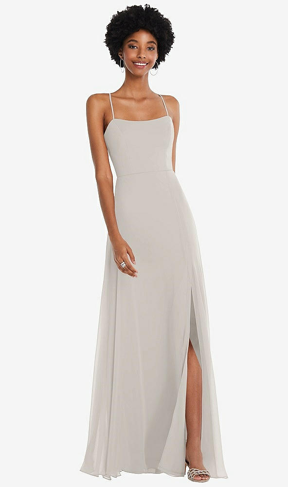 Front View - Oyster Scoop Neck Convertible Tie-Strap Maxi Dress with Front Slit