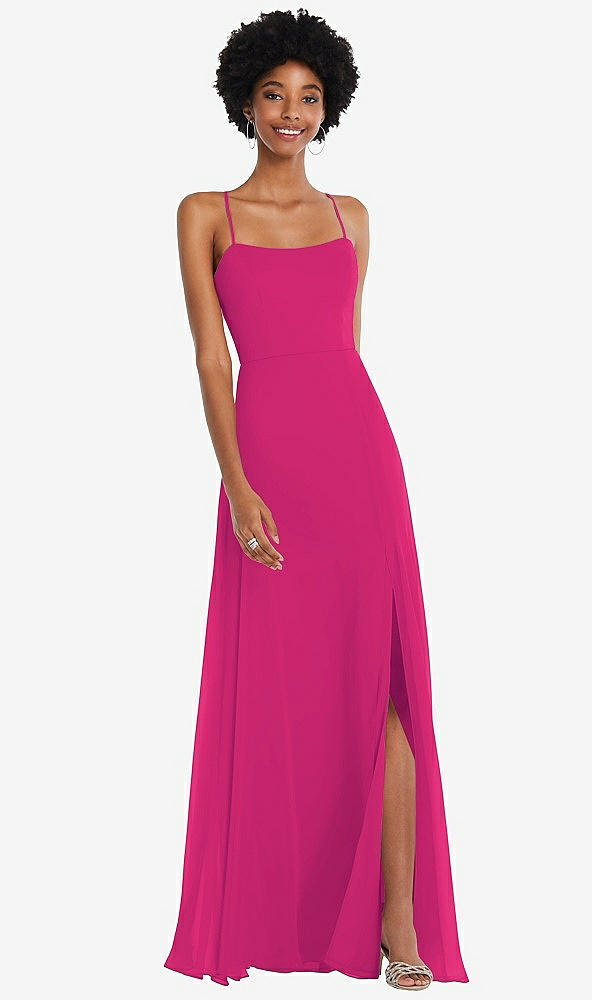 Front View - Think Pink Scoop Neck Convertible Tie-Strap Maxi Dress with Front Slit