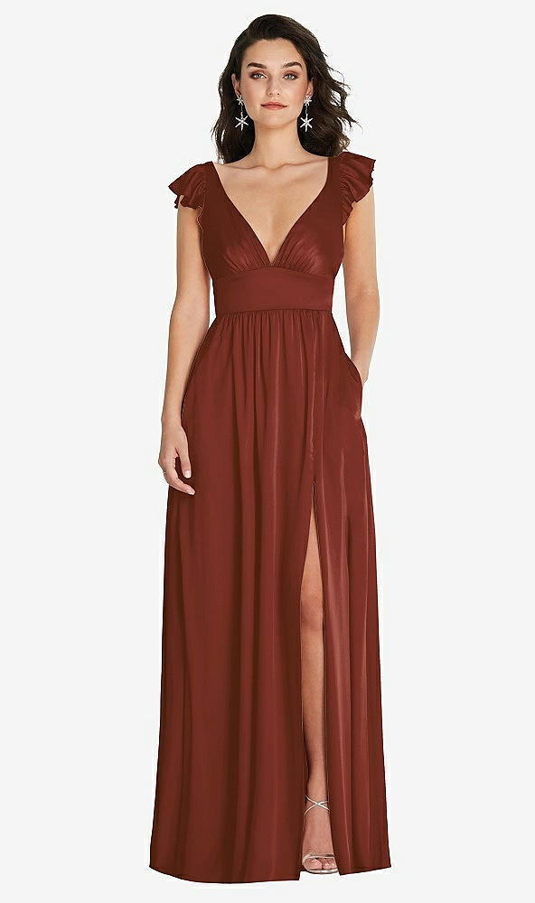 Front View - Auburn Moon Deep V-Neck Ruffle Cap Sleeve Maxi Dress with Convertible Straps