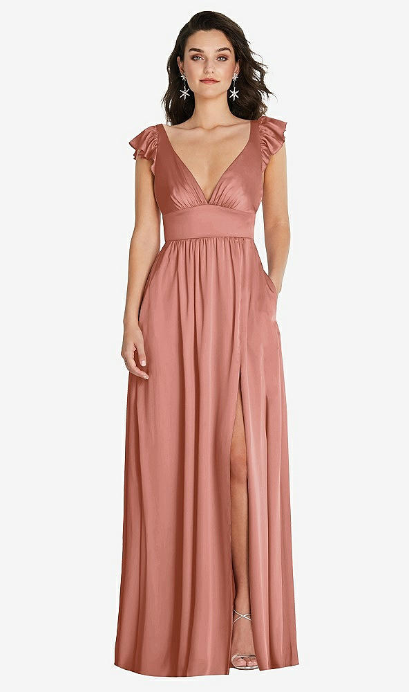 Front View - Desert Rose Deep V-Neck Ruffle Cap Sleeve Maxi Dress with Convertible Straps