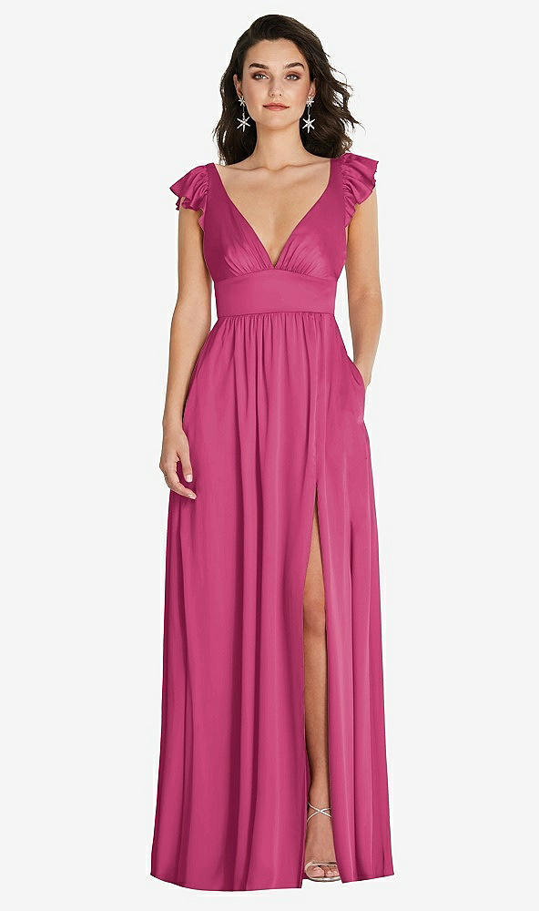 Front View - Tea Rose Deep V-Neck Ruffle Cap Sleeve Maxi Dress with Convertible Straps