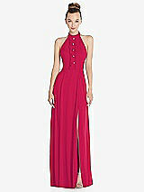 Front View Thumbnail - Vivid Pink Halter Backless Maxi Dress with Crystal Button Ruffle Placket