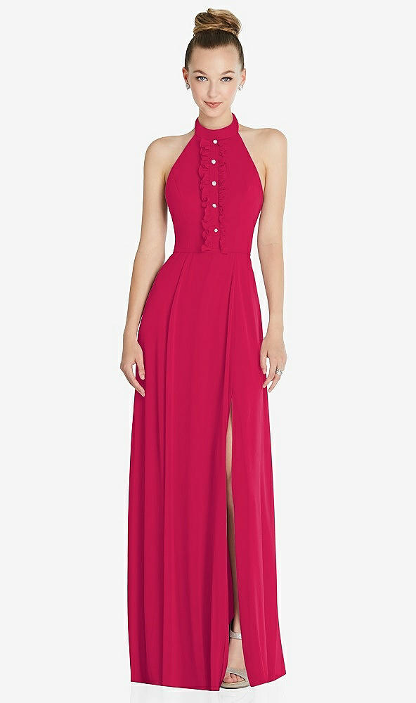 Front View - Vivid Pink Halter Backless Maxi Dress with Crystal Button Ruffle Placket