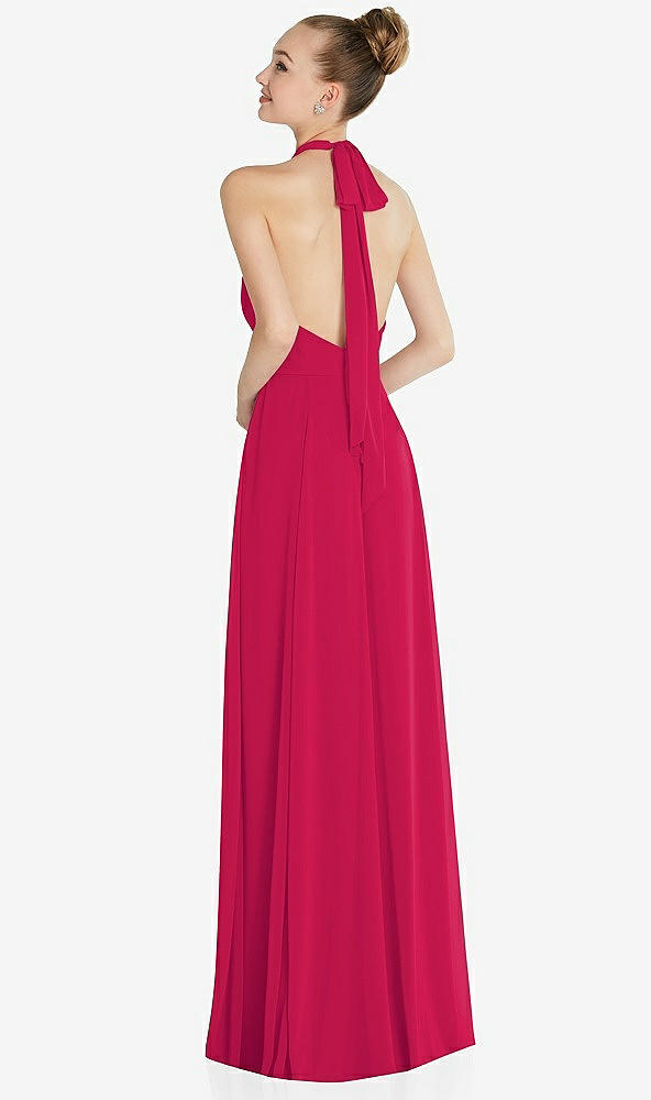 Back View - Vivid Pink Halter Backless Maxi Dress with Crystal Button Ruffle Placket