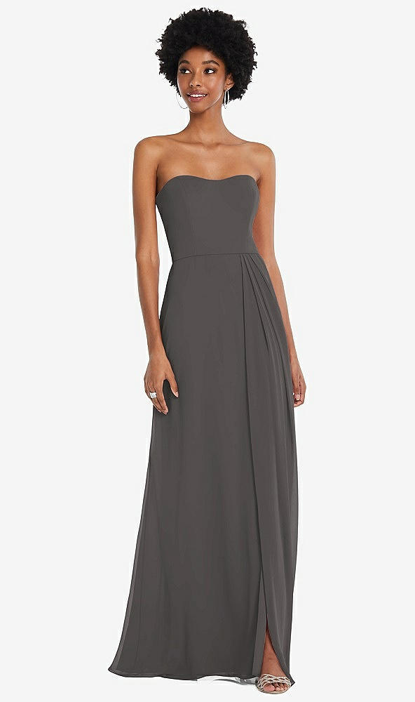 Front View - Caviar Gray Strapless Sweetheart Maxi Dress with Pleated Front Slit 