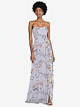 Front View Thumbnail - Butterfly Botanica Silver Dove Strapless Sweetheart Maxi Dress with Pleated Front Slit 