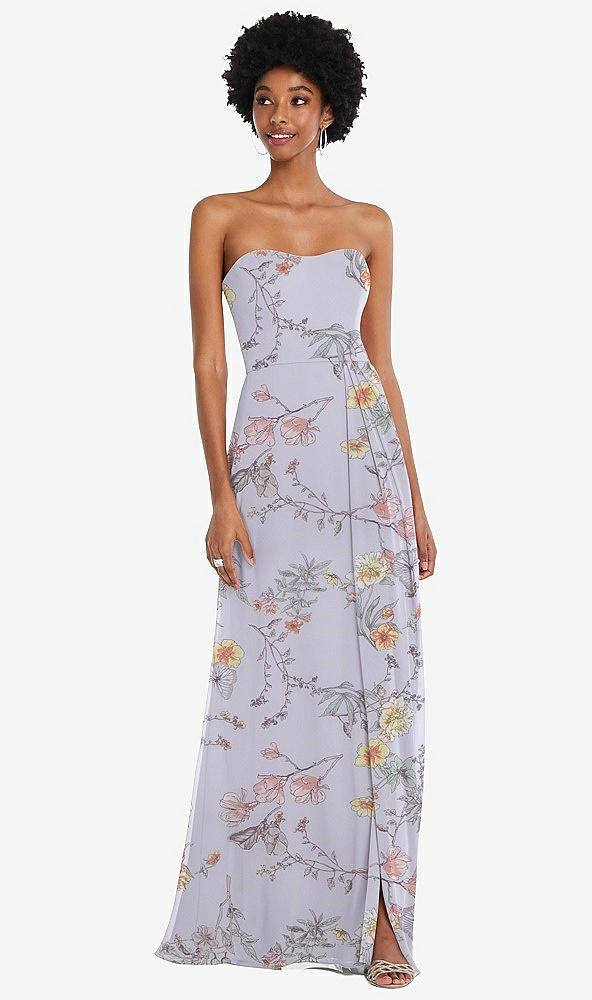 Front View - Butterfly Botanica Silver Dove Strapless Sweetheart Maxi Dress with Pleated Front Slit 