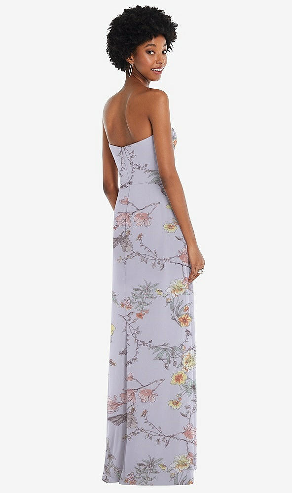 Back View - Butterfly Botanica Silver Dove Strapless Sweetheart Maxi Dress with Pleated Front Slit 