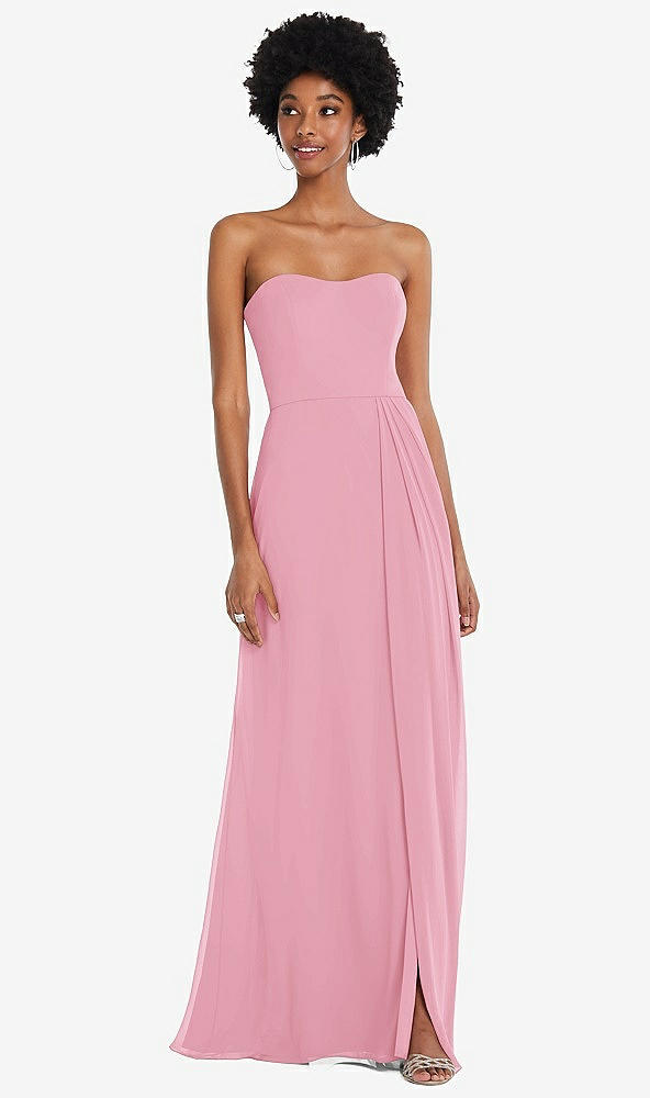 Front View - Peony Pink Strapless Sweetheart Maxi Dress with Pleated Front Slit 