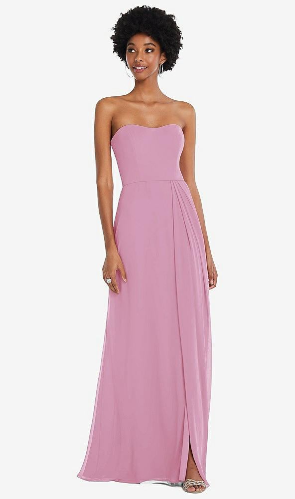 Front View - Powder Pink Strapless Sweetheart Maxi Dress with Pleated Front Slit 