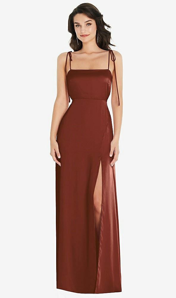Front View - Auburn Moon Skinny Tie-Shoulder Satin Maxi Dress with Front Slit