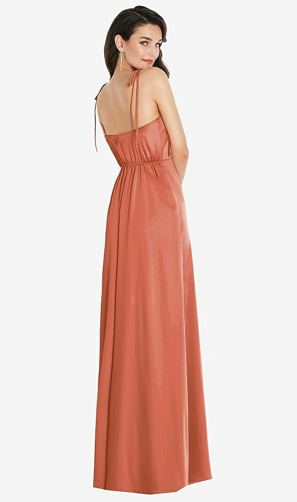 Back View - Terracotta Copper Skinny Tie-Shoulder Satin Maxi Dress with Front Slit