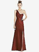 Front View Thumbnail - Auburn Moon Draped One-Shoulder Satin Trumpet Gown with Front Slit