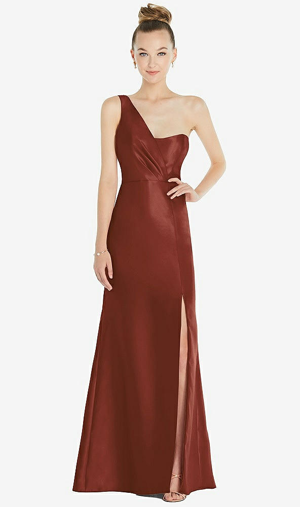 Front View - Auburn Moon Draped One-Shoulder Satin Trumpet Gown with Front Slit