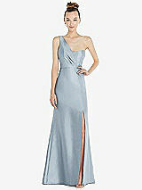 Front View Thumbnail - Mist Draped One-Shoulder Satin Trumpet Gown with Front Slit