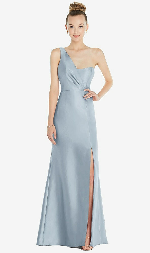 Front View - Mist Draped One-Shoulder Satin Trumpet Gown with Front Slit