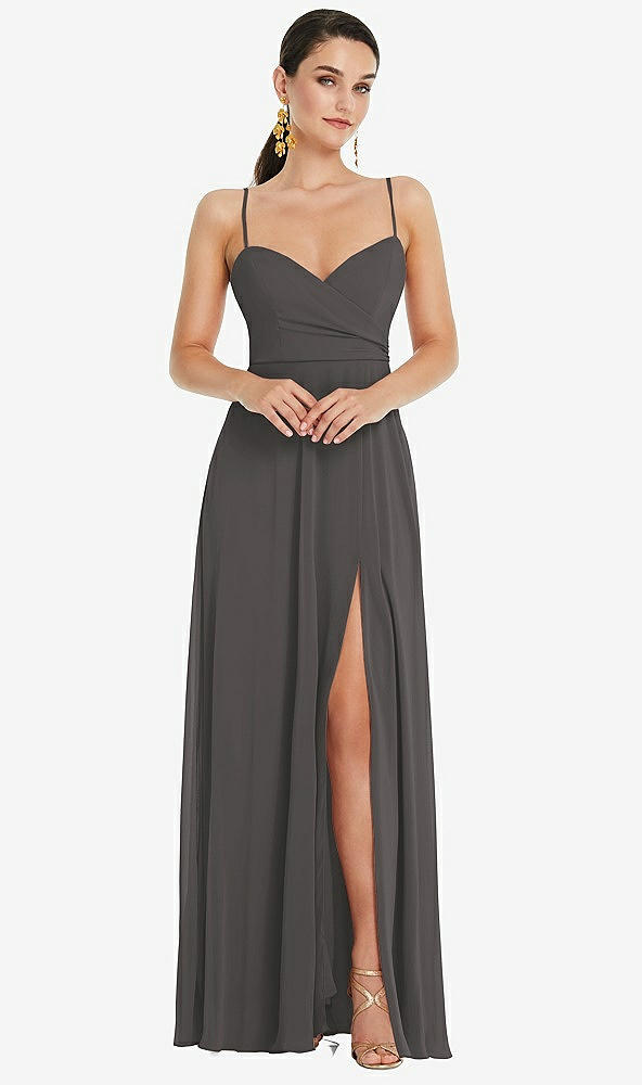 Front View - Caviar Gray Adjustable Strap Wrap Bodice Maxi Dress with Front Slit 