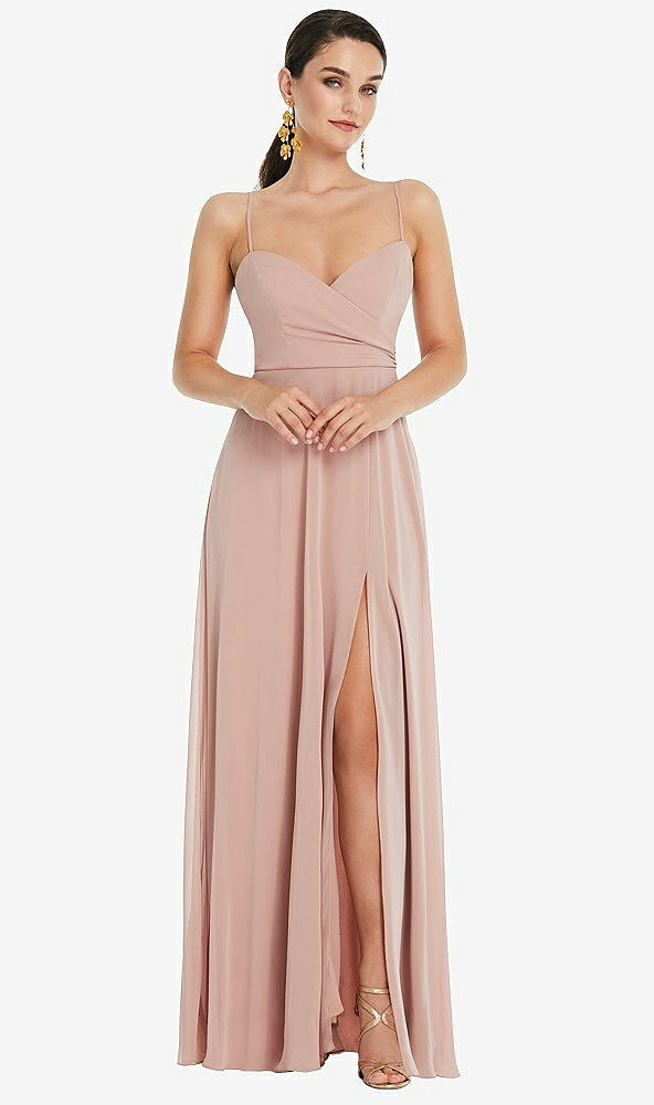 Front View - French Blue Adjustable Strap Wrap Bodice Maxi Dress with Front Slit 