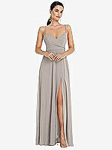 Front View Thumbnail - Taupe Adjustable Strap Wrap Bodice Maxi Dress with Front Slit 