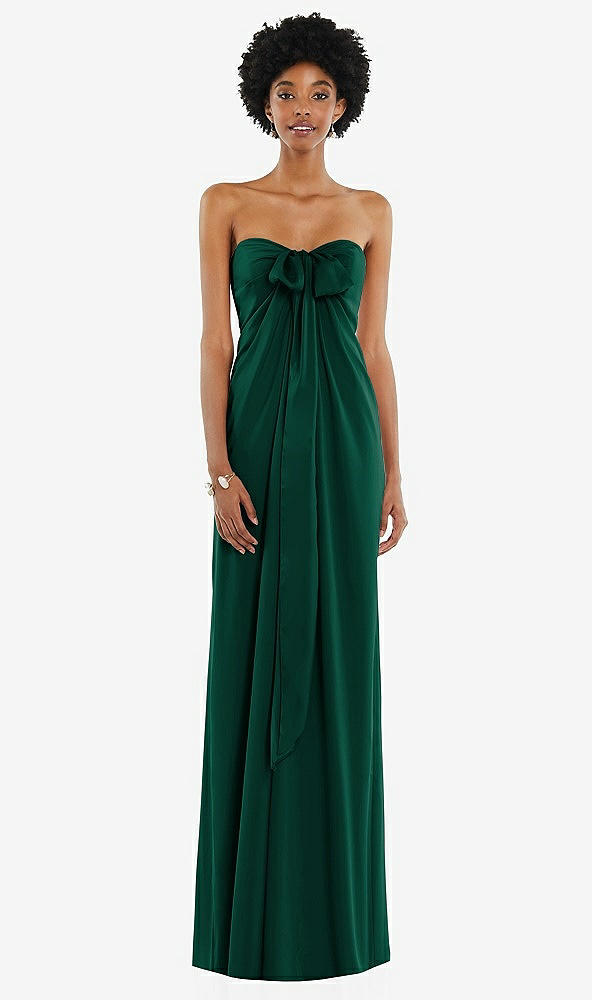 Front View - Hunter Green Draped Satin Grecian Column Gown with Convertible Straps