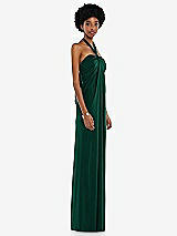 Side View Thumbnail - Hunter Green Draped Satin Grecian Column Gown with Convertible Straps
