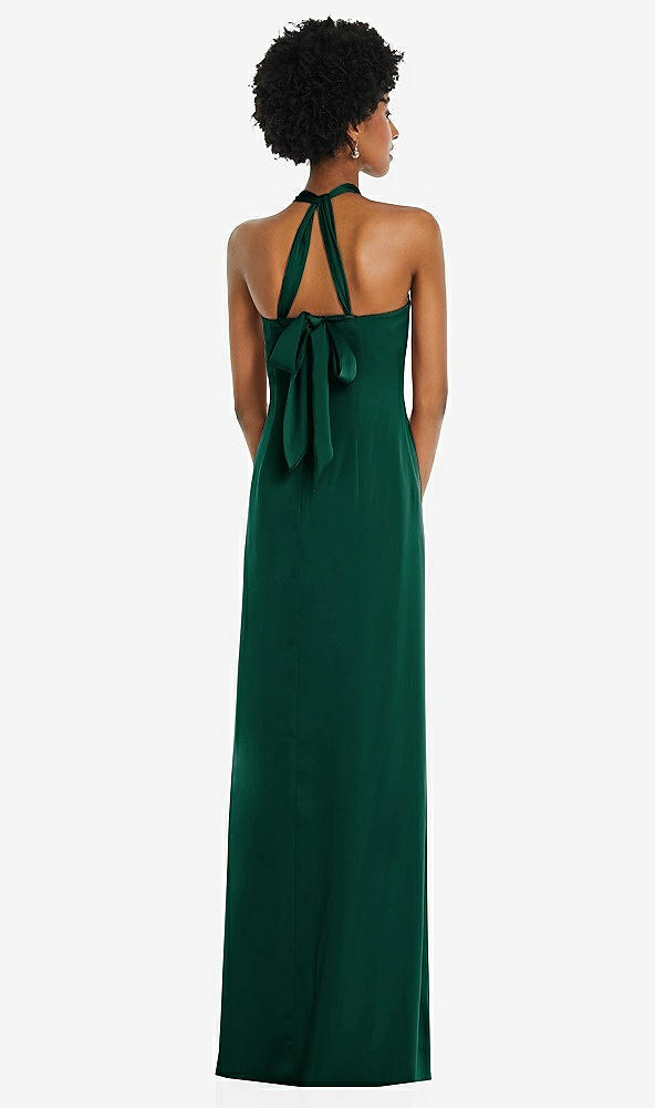 Back View - Hunter Green Draped Satin Grecian Column Gown with Convertible Straps