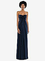 Front View Thumbnail - Midnight Navy Draped Satin Grecian Column Gown with Convertible Straps