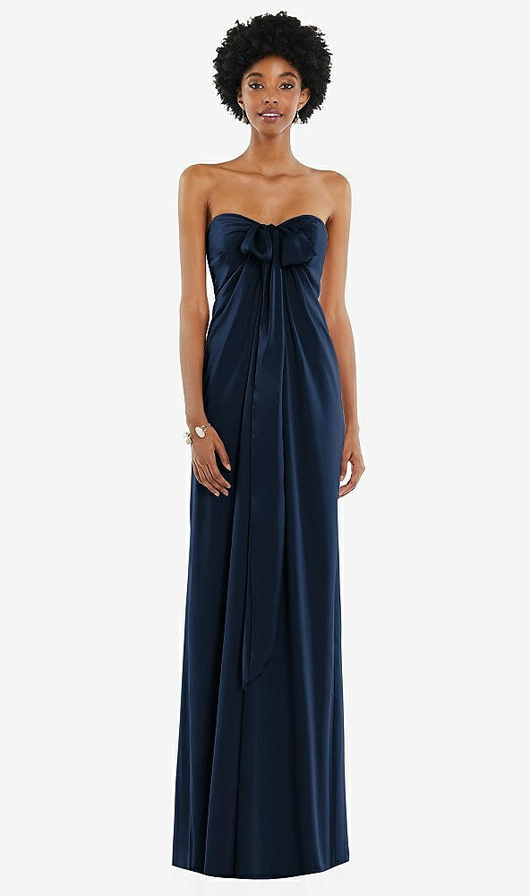 Front View - Midnight Navy Draped Satin Grecian Column Gown with Convertible Straps