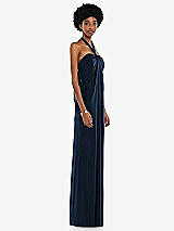 Side View Thumbnail - Midnight Navy Draped Satin Grecian Column Gown with Convertible Straps