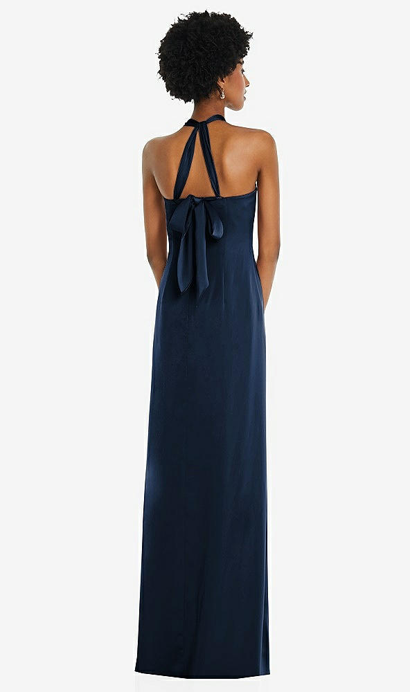 Back View - Midnight Navy Draped Satin Grecian Column Gown with Convertible Straps
