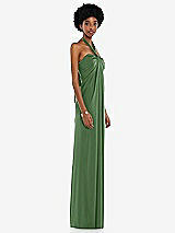 Side View Thumbnail - Vineyard Green Draped Satin Grecian Column Gown with Convertible Straps