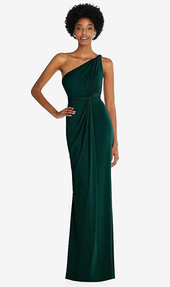 Front View - Evergreen One-Shoulder Twist Draped Maxi Dress