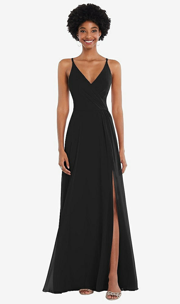 Front View - Black Faux Wrap Criss Cross Back Maxi Dress with Adjustable Straps